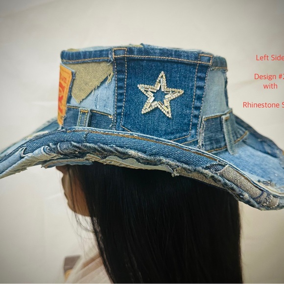 Levi’s Denim Cowboy Hat | Unisex Western Patchwork | Optional Rhinestone Stars - Picture 6 of 8